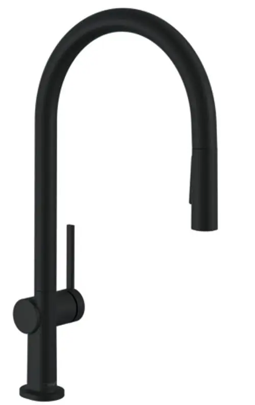 Schwarzer Küchenarmatur mit hohem, geschwungenem Auslauf und seitlichem Hebel. Ausziehbare Brause mit zwei Strahlarten. Modell von Hansgrohe.